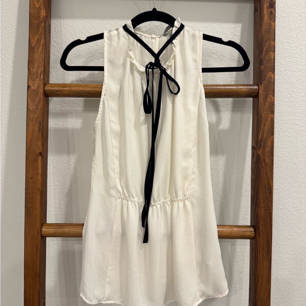 Ivory Sleeveless Tie-Neck Blouse with Black Trim